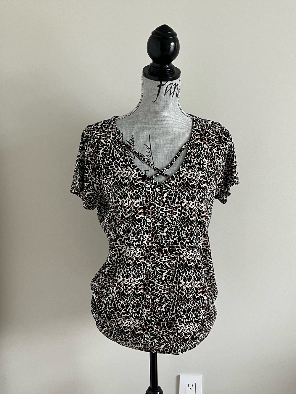 CLEO Leopard Print Crisscross V-Neck Top - Black & Brown